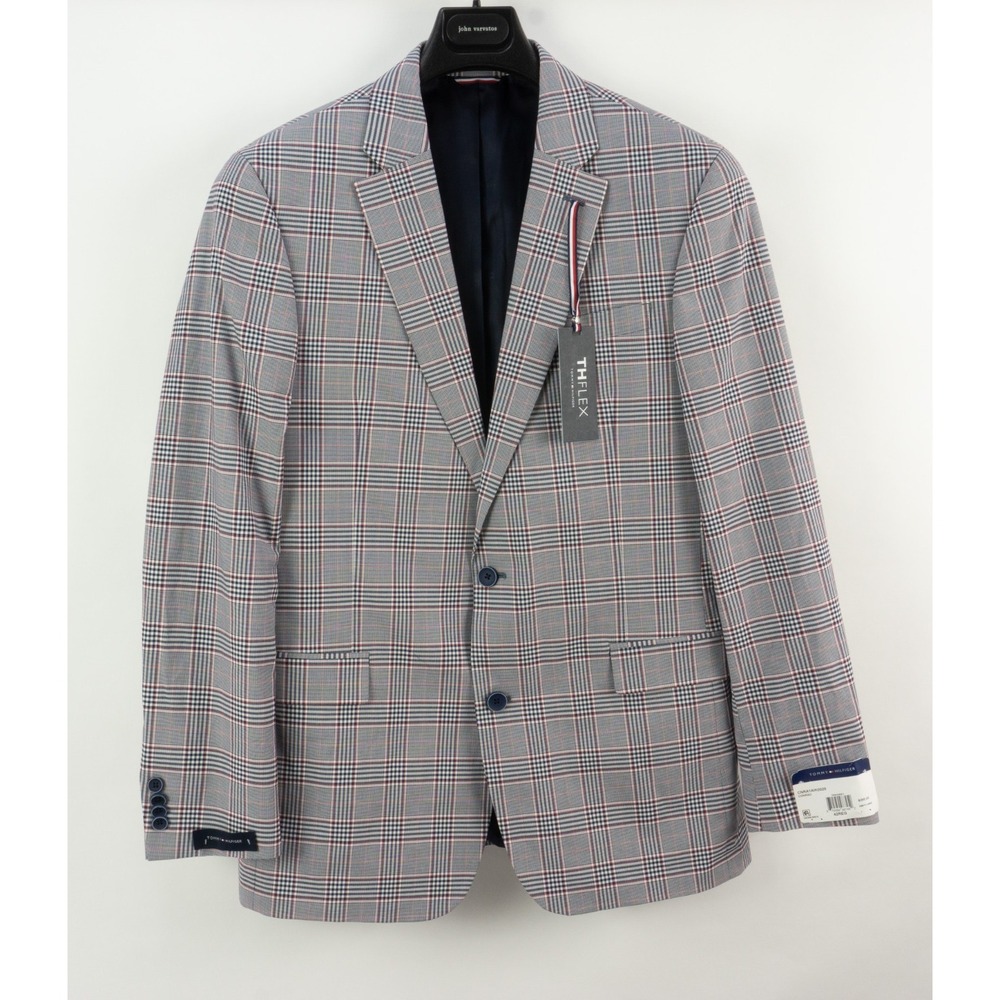$295 Tommy Hilfiger THFlex Conrad Men's 42R Blue Red Plaid Modern-Fit Sport Coat